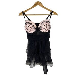 Victorias Secret Black Pink Bow‎ Tulle Babydoll Lingerie Corset Top 36C